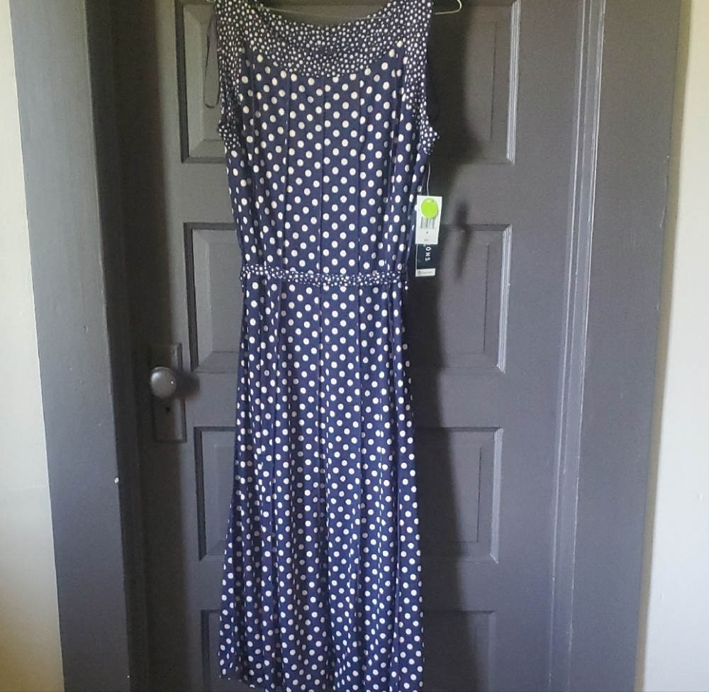 Perceptions New York Navy and Taupe Polka Dot Midi Dress